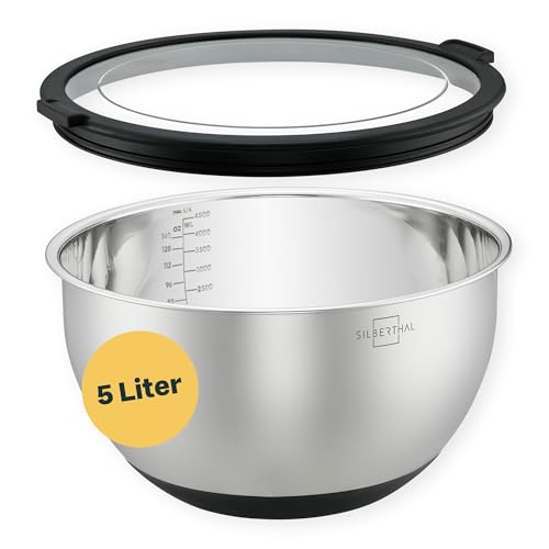 SILBERTHAL Edelstahl Schüssel mit Deckel - 5l Rührschüsseln zum Servieren, Kochen, Backen, Aufbewahren - Rutschfester Boden