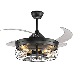 Ventilador Clasico BEL AIR HOME - Ventilador de Techo con Motor DC 6 Velocidades, Aspas Plegables, 5x E27 4W Filamento 2700K Incluidas, Acrílico, 35cm, Negro Mate