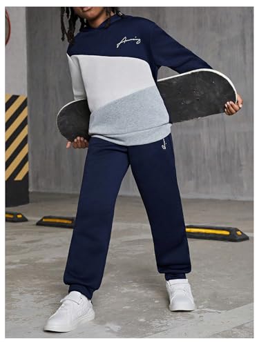 SweatyRocks Boy's Two Piece Outfits Color Block Graphic Hoodie and Joggers Clothing Sets4