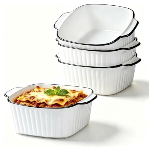 XIRYAER 15oz Small Baking Dish 4 Pack Square Ceramic Baking Dishs with Handles Individual Ceramic Bakeware for Oven Microwave & Dishwasher Safe