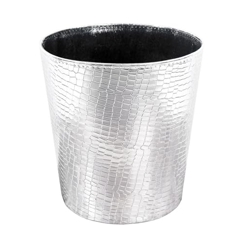 Leather Trash Can, Decorative Waste Basket, 10L Capacity Small Waste Paper Basket, Waterproof Garbage Can for Bathroom, Bedroom, Office, Kitchen and Living Room - Silver