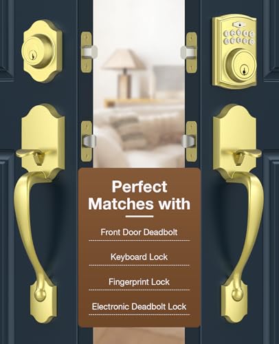 Image of Brightify Gold Front Door Handle No Lock, Classic Exterior Door Handle, Entry Door Handle Reversible for Left & Right Hand Doors