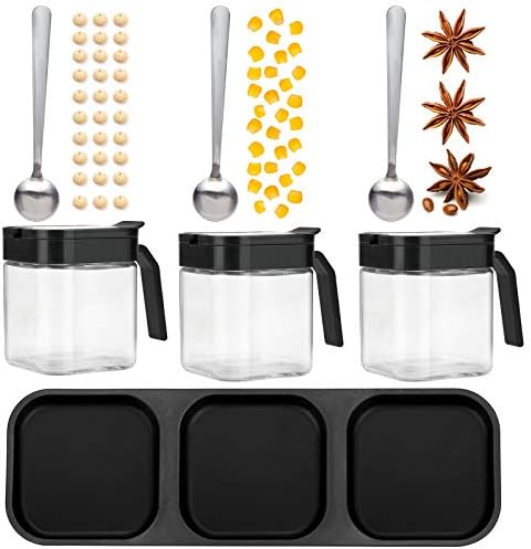 Mlici Condiment Jar Spice Container with Lids and Spoons, 8oz Clear Glass Condiment Canisters Pots Seasoning Box Salt Container Sugar Bowl Set of 3 for Kitchen, Counter, Food Storage