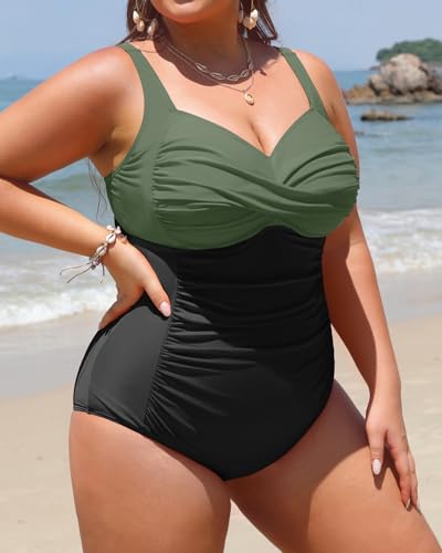 Image of Women Plus Size One Piece Swimsuits Tummy Control Twist Front Bathing Suit | Unremovable Bra, Sweetheart Neckline, Wide Adjustable Straps, Ruched Stomach, Side-Splicing Design, Full Coverage Bottom