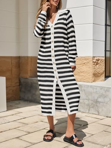 Image of Saodimallsu Womens Striped Midi Sweater Dress V Neck Collared Long Sleeve Button Down Loose Knit Duster Cardigan
