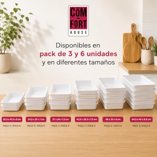 Bandejas de plástico rectangulares blancas y apilables de 48 cm con base rígida multiusos 4