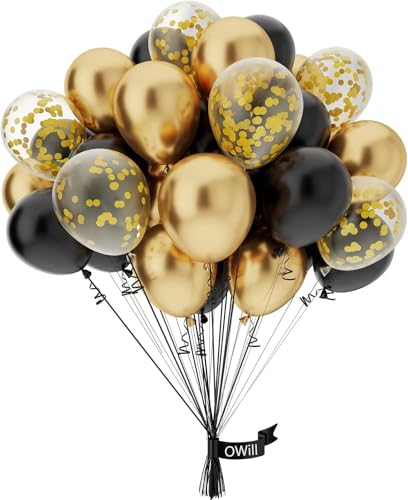 OWill 50 Pcs Black and Gold balloons and Confetti 10 Inch Black Gold Latex Balloons for Party, Birthday, graduation decorations(Black Gold Confetti)