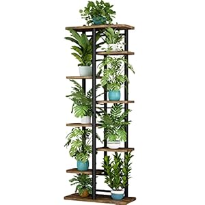 LINZINAR Plantenstandaard 8 niveaus 9 ingemaakte meervoudige bloempothouderplank binnen en buiten plantenrek opbergorganizer voor patio tuin hoek balkon woonkamer (8 tier-9 ingepot, zwart)