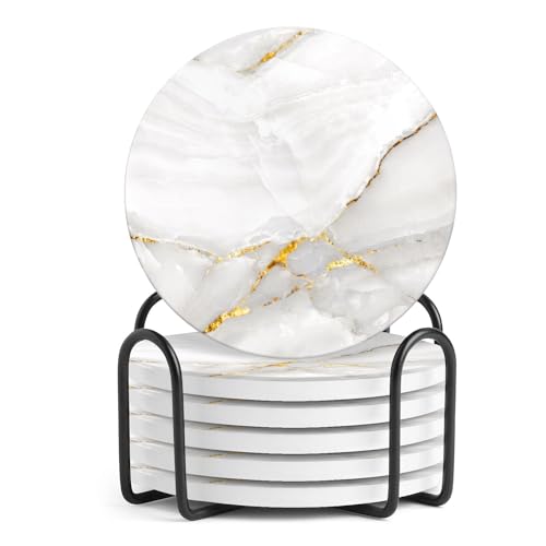 6 Pcs Ceramic Coasters with Holder Absorbent Drink Coasters Round