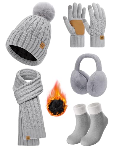 PASUDA Gorro Bufanda Guantes Orejeros y Medias Invierno Set para Mujer Térmico Larga Bufanda de Punto Gorro de Felpa Orejeros Guantes de Pantalla Táctil 5 Piezas Conjunto (Gris Claro, One Size)