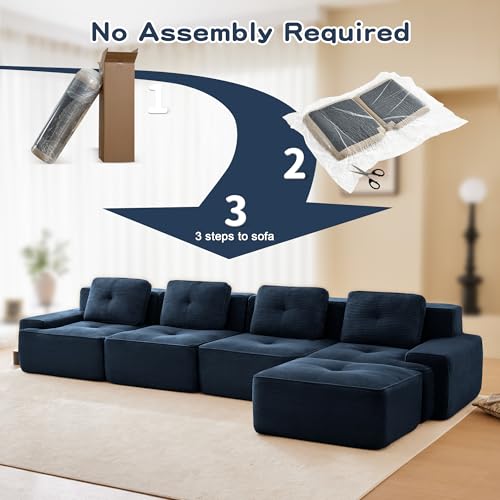 Image of 153 inch L-Shaped 4-Seater Modular Boneless Couch with Ottoman, Soft Corduroy Cloud sectional Sofa, Oversized Deep Seat, No Assembly Anti-Slip Stable Sofa, Blue