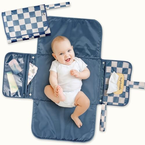 Image of Tiny Twinkle Portable Diaper Changing Pad | Waterproof, Wipeable & Compact Baby Changing Pad for Travel | Smart Wipes Pocket & Organized Storage| Newborn Shower Gift (Blue Checkers)