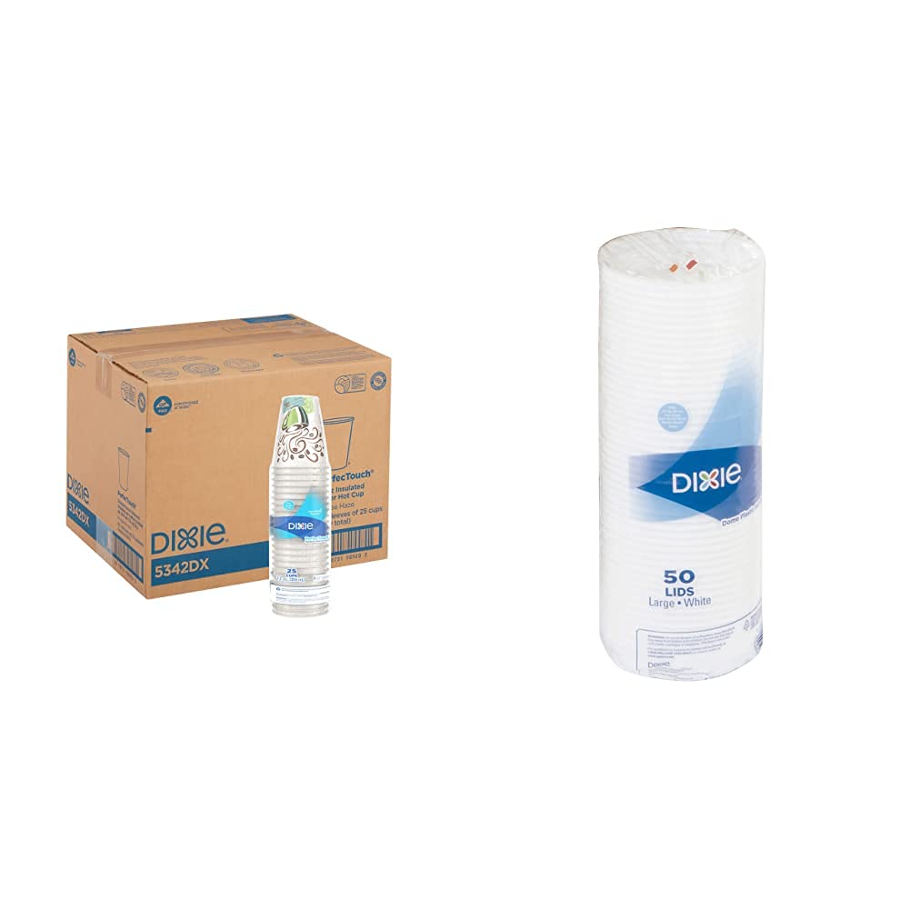 Dixie PerfecTouch 12 Oz Insulated Paper Hot Coffee Cup by GP PRO (Georgia-Pacific) & Dixie 10-20 oz. Dome Hot Coffee Cup Lid by GP PRO , White, 9542500DX, 500 Count