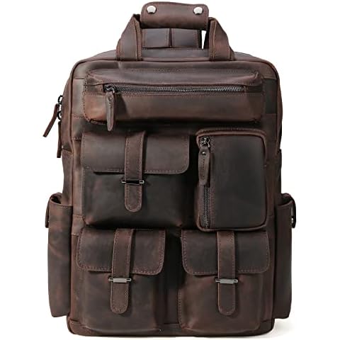 Full Grain Cowhide Leather Multi Pockets 16 Inch Laptop Backpack Travel Bag with YKK Zippers Cover