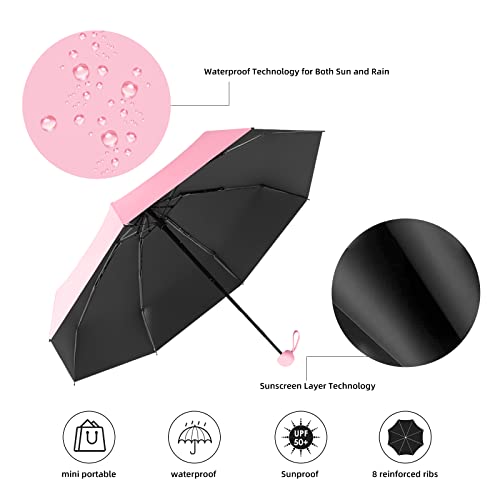Trenovo Travel Umbrella - Mini Folding Compact Umbrella With Case, 8 Ribs Lightweight Portable Umbrella, Small Sun & Rain Pocket Umbrella For Girls And Women - Pink #TOP2