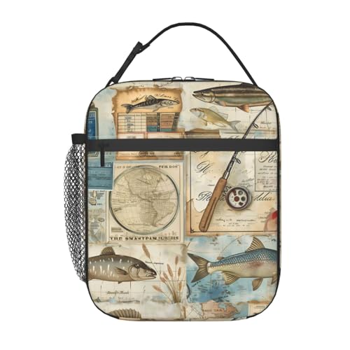 ainori Reusable Vintage Fishing Map Lunch Box for Kids Girls Boys Women Adult, Insulated Cute Lunch Bag,Polyester Cooler Handbags Case for School Picnic Work Travel Outdoor Beach or Hiking