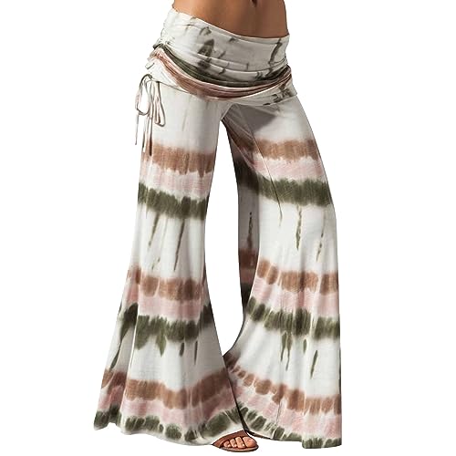 Ladies Fashion Palazzo Pants Stripe Tie Dye Print Loose Lace Casual Wide Leg Trousers Summer Soft Beach (Khaki, XL)