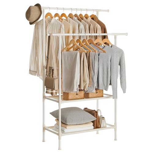 SONGMICS Kleiderständer, Garderobenständer aus Metall, mit 2 Kleiderstangen, 2 Ablagen, bis 70 kg belastbar, einfache Montage, weiß RDR02WT