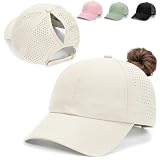Kanzith Casquette Queue de Cheval Haute, Casquette Running Femme Été, Casquette Baseball Sport Respirante à Séchage Rapide, Casquette Réglable pour Running et Activités Extérieures   Beige