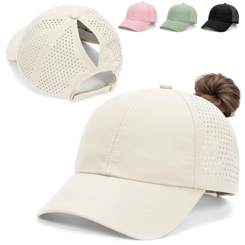 Kanzith Casquette Queue de Cheval Haute, Casquette Running Femme Été, Casquette Baseball Sport Respirante à Séchage Rapide, Casquette Réglable pour Running et Activités Extérieures - Beige