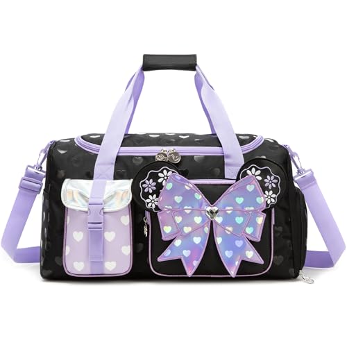 Sac de Danse & Sport Fille (Nœud) – Sac de Voyage Enfant avec Compartiment à Chaussures – Grand Sac Week-End pour Piscine & Soirée Pyjama (Violet)