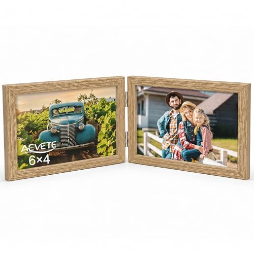 AEVETE 6x4 Picture Frames Double Hinged Wood Folding Photo Frame Wood Grain