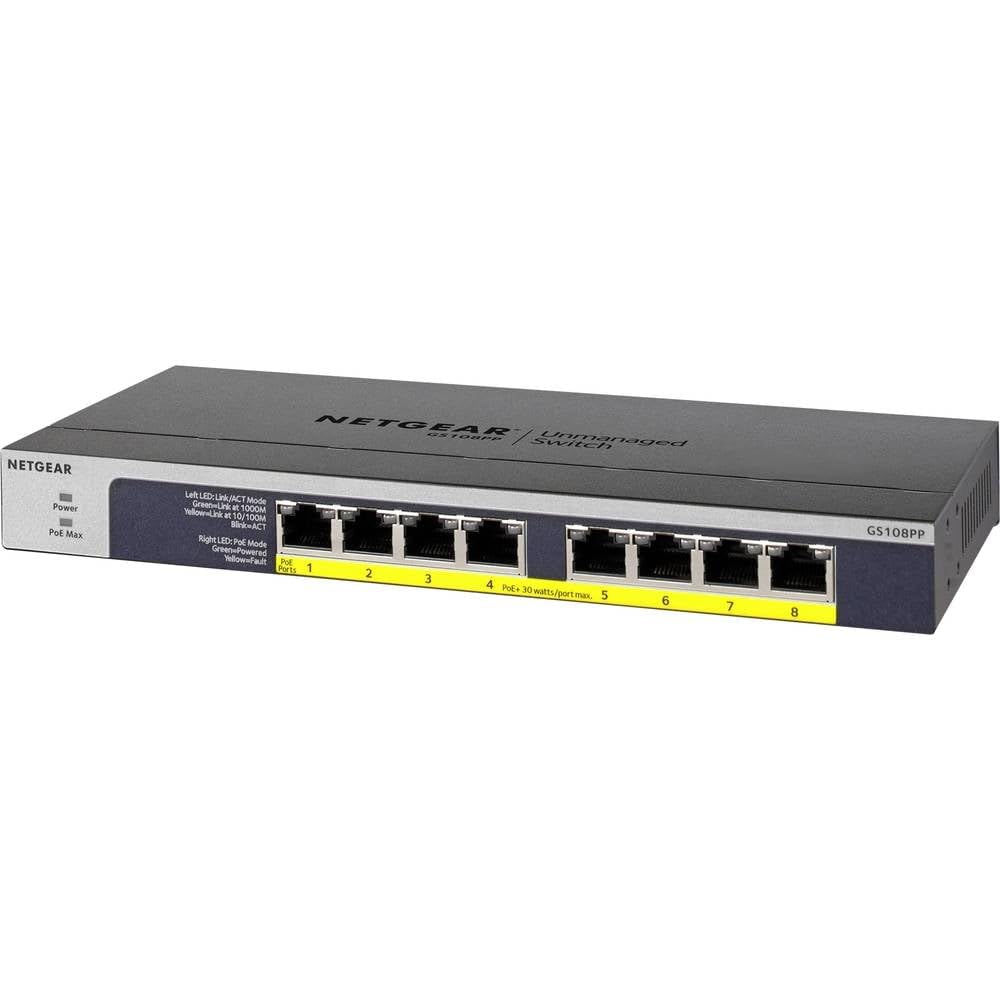 Netgear GS108PP PoE Switch 8 portów Gigabit Ethernet LAN Switch z 8 x PoE+ 123 W, Plug-and-Play Switch PoE, bezwentylatorowy, możliwość montażu w szafie
