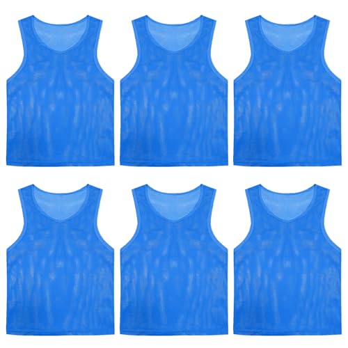 PVOSEW Pinnies Set of 6,Mesh Practice Jersey Scrimmage Vest Team Football Soccer Training Bibs for Sports Adult Child Youth (Blue, Child/5-10 Years)