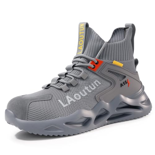 LAoutun Steel Toe Shoes for Men, Lightweight Comfortable Safety Shoes with Puncture Resistant, Indestructible Work Shoes for Construction and Warehouse Grey