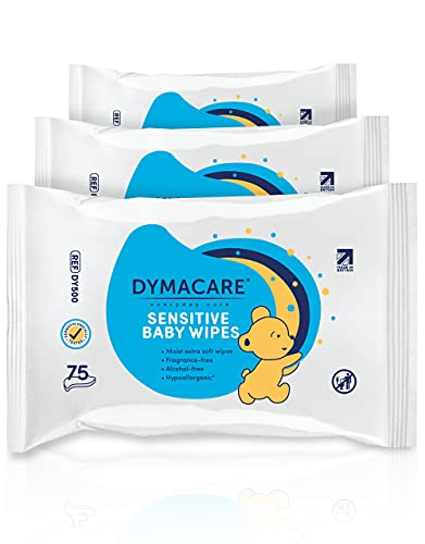 DYMACARE Sensitive Babyfeuchttücher - sanfte hypoallergene, unparfümierte Hautreinigungstücher mit Aloe Vera | 3 Packungen (225 Tücher) Cover