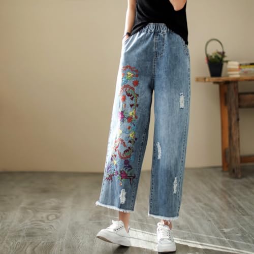 Fashion Ripped Loose Jeans Women Casual Embroidery Wide-Leg Trousers4