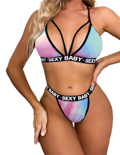 Lanuitjoy Bra and Panty Set for Women Sexy Bra Panty Set Triangle Bralette and Thong Set, Adjustable Straps, Letter Print Underwear M