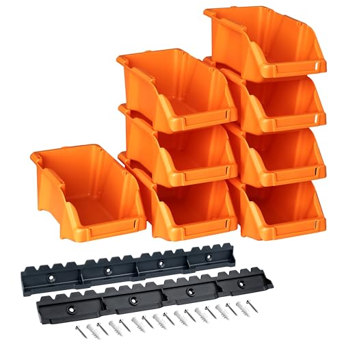 YPC Set di scatole impilabili, colore arancione, 8 pezzi, 16 x 9 x 7 cm, con supporto da parete per officina e garage, per riporre viti e attrezzi