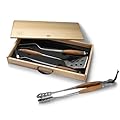 Schmidt Brothers - BBQ Bonded Teak 4 Piece Grill Set, Full-Forged Stainless Steel Grilling Utensils Including Spatula, Fork, Basting Brush, and Tongs with All Wood Handles