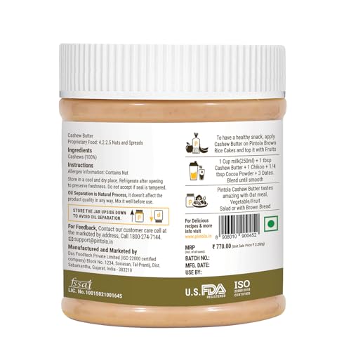 Image of Pintola Cashew Butter 200g - All Natural Vegan Cashew Butter, Gluten Free & Cholesterol Free, Unsweetened for Bread Spreads, Made with Fresh Cashews, Source of Fiber & Protein (Pack of 3)