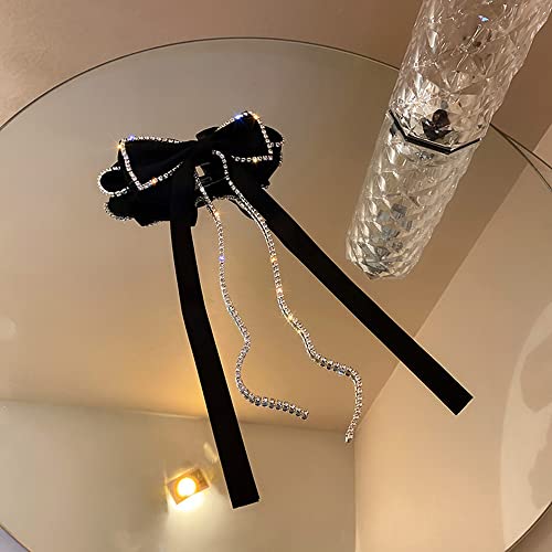 Jumwrit Large Bow Hair Clip Long Ribbon Hair Bows Rhinestone Tassel Hair Clip French Design Barrettes Fashion Hair Styling Accessories For Women Girls #TOP7