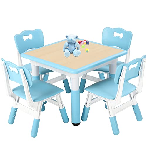 Image of FUNLIO Kids Table and 4 Chairs Set, Height Adjustable Toddler Table and Chair Set for Ages 3-8, Easy to Wipe Arts & Crafts Table, for Classrooms /Daycares /Homes, CPC & CE Approved (5-Piece Set) - Blue