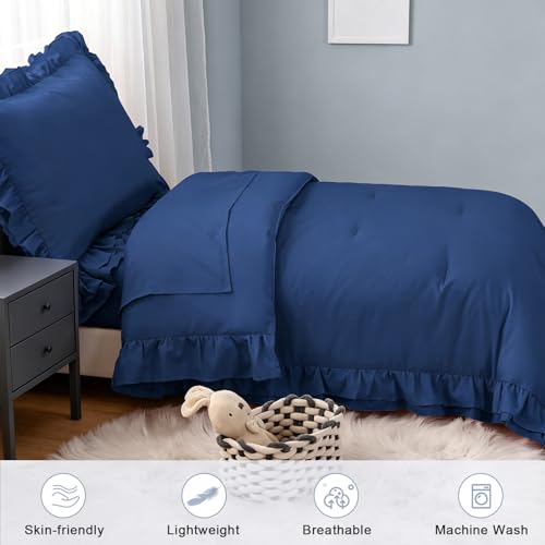 Image of Toddler Bedding Sets for Boys, 4 Piece Double Ruffles Soft and Breathable Toddler Comforter Set for Boys, Includes Quilted Comforter, Fitted Sheet, Flat Sheet and Pillowcase, Navy Blue
