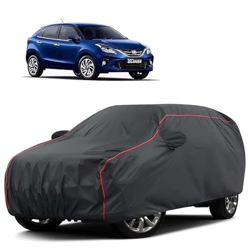 Image of Sulfar 100% Water Resistant Car Body Cover Compatible with Mirror for Toyota Glanza(Baleno) (Triple Stitched, Full Bottom Elastic, Dark Grey Tafetta with Red Piping)