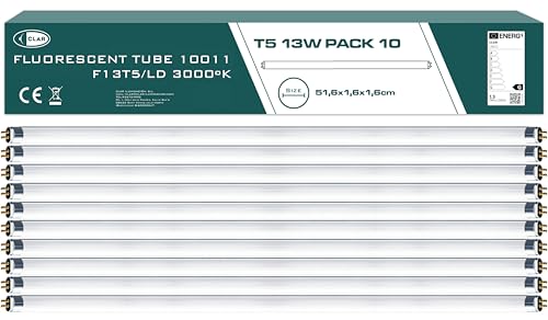 CLAR - Tube Fluorescent T5 G5 13W, Ampoule T5 Mini, 3000ºK, 51,6 x 1,6 cm (Pack 10)