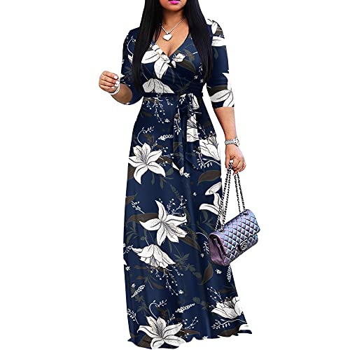 Image of FANDEE Plus Size Maxi Dress for Women Casual Summer Sundress V-Neck 3 /4 Sleeve