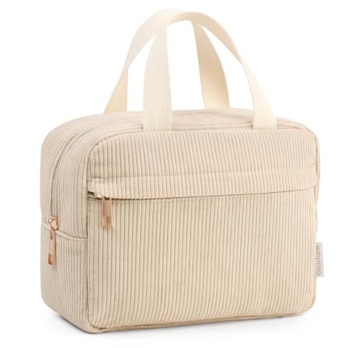 Glitzcharm Makeup Bag Corduroy Makeup Bags for Girls Women Large Makeup Pouch with Metal Zipper Cosmetic Bag for Travelling Preppy Stuff(Beige)
