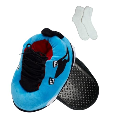 Unisex Sneaker Slippers with Plush Socks – Comfy Leather Non-Slip House Shoes for Women, Men & Kids | Big Jordan Style Tennis Shoe for Indoor & Outdoor Wear, Cozy Sneaker for All Ages