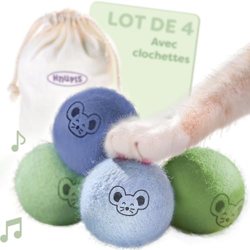 Balles pour Chats avec Clochettes – 4 Balles en Laine – Jouets pour Chats Durables Aux Couleurs Vives & Au Doux Son – Sac De Rangement Inclus