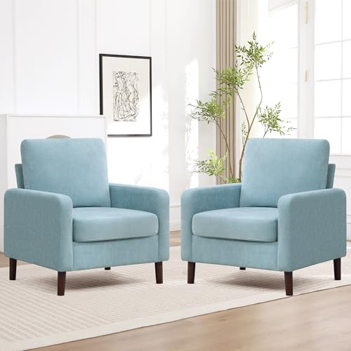 YUUIJOAA Accent Chair Set of 2, Upholstered Living Room Chairs with Wood Legs and Side Pockets, Modern Reading Chair for Bedroom, Armchair Single Sofa Side Chair for Office, Small Room, Teal Green