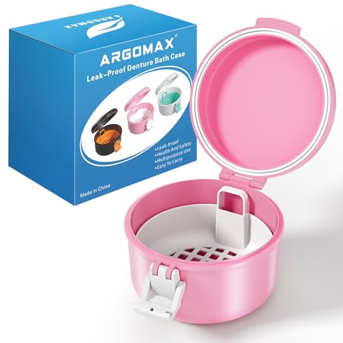 ARGOMAX Leak Proof Retainer Cleaner Case, Denture Cups for Soaking Dentures, Denture Travel Case.(Pink+White).