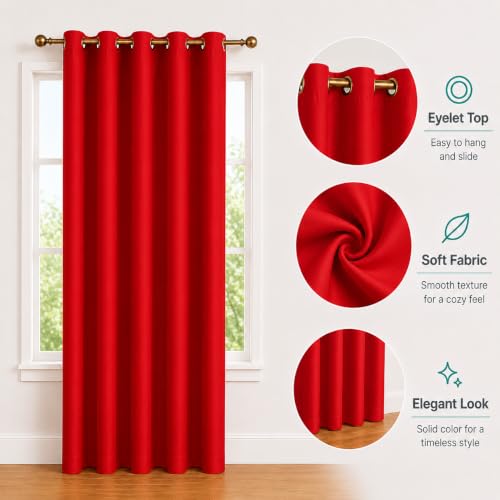 Image of Polyester Eyelet Door Curtain, Solid Plain Light Filtering Curtain for Bedroom, Living Room & Home Office, 7 Feet (84 x 48 Inch), Red, Pack of 1
