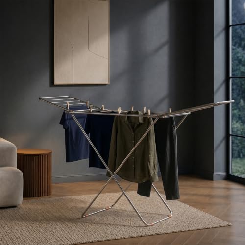 Image of Amazon Basics Heavy Duty Stainless Steel Foldable Cloth Dryer Stand | Strong Build | 3-Way Folding | Anti-Corrosion | PVC Bushes | Easy to Carry | 42 Ft Drying Length | Expandable Wings | 17 Rails | Pack of 1