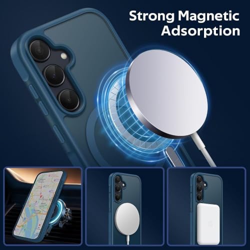 Image of Elzzi Magnetic Magsafe Case for Samsung Galaxy A55 5G Cover, Compatible with MagSafe Translucent Matte Hard PC + TPU Hybrid Back Cover, Shockproof Protective Phone Case (Blue)
