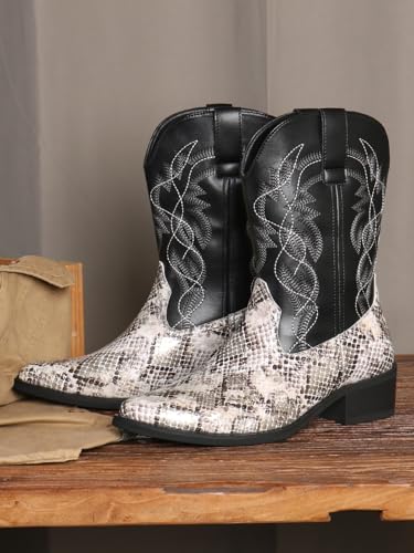 Python Manning Men's Boots Cowboy for Men Classic Pointed Toe Western Pull Up Snakeskin Embroidered Mid-Calf Boots4